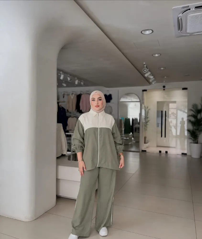 طقم كاجوال نسائي قطعتين للمحجبات جاكيت بسحاب وبنطال واسع